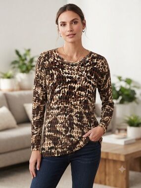 Cabi Leopard Print, Brown, Long Sleeve Cotton Cashmere Sweater Size L